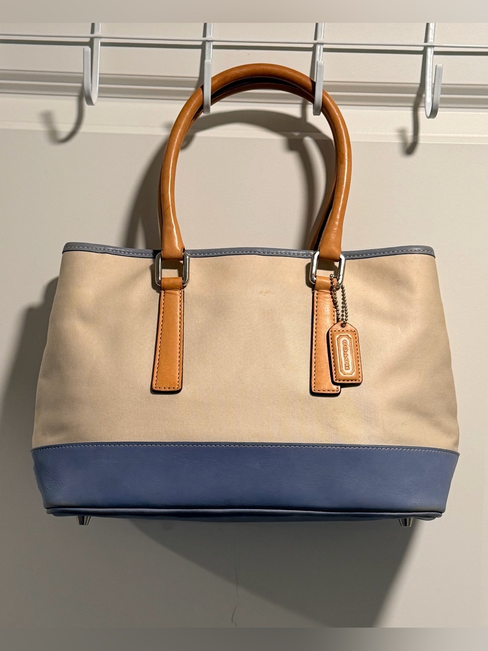 Vintage Y2K Coach Hamptons Weekend Canvas Tote Bag Blue Tan Trim